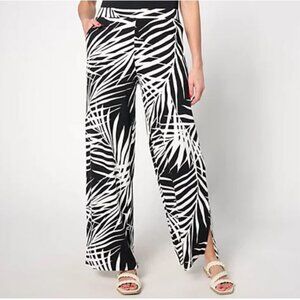 Denim & Co. Beach Jersey Petite Wide Leg Pant with Slits-Black Palm-Petite